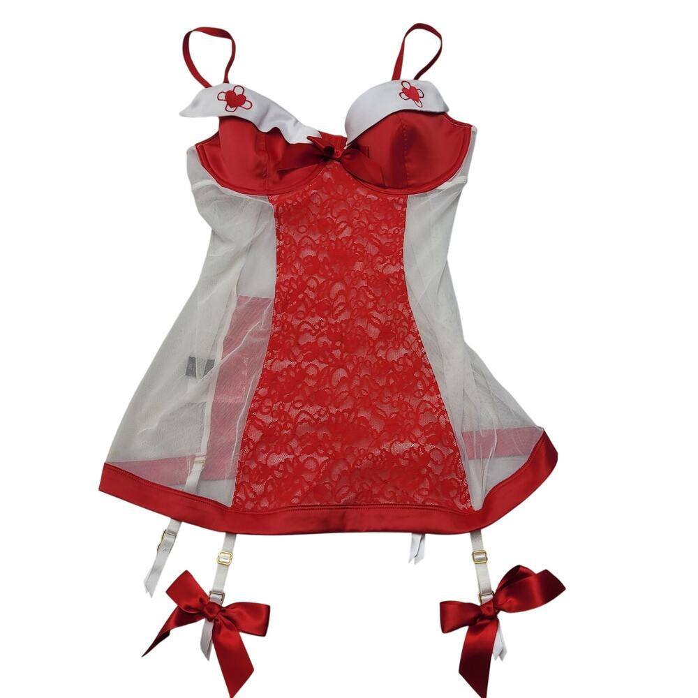 Rare Victoria's Secret sexy little things nurse costume 36C mesh red bows